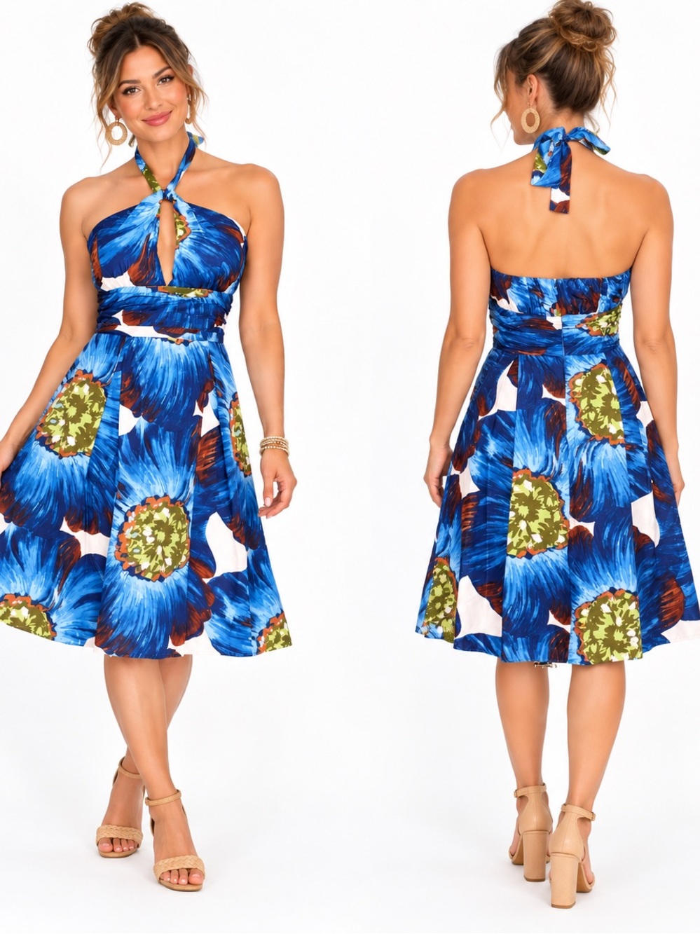Max & Cleo Size 8 Blue Silk Floral Halter Dress Tie Neck Fit & Flare